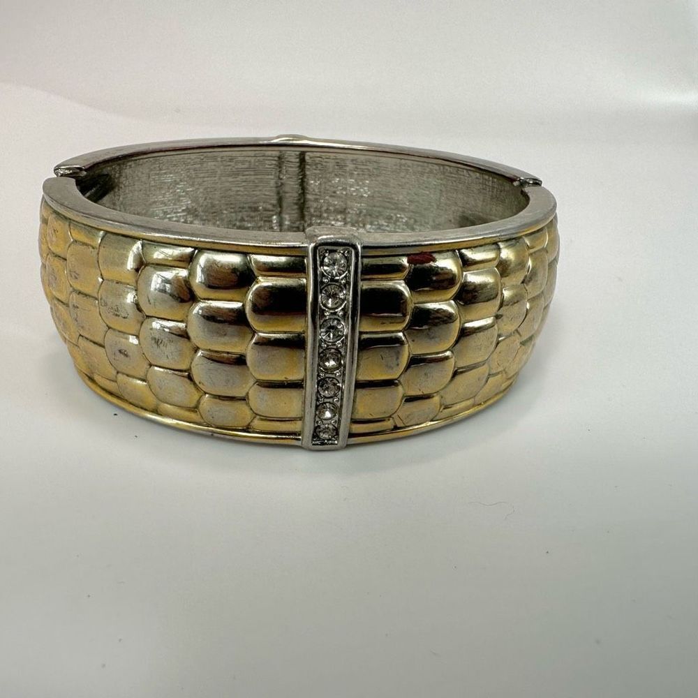 Gold tone rhinestone hinged bangle bracelet